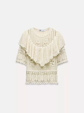 NWOT Zara Cream Pointelle Knit Ruffle Short-Sleeve Top | Boho Romantic | Size L